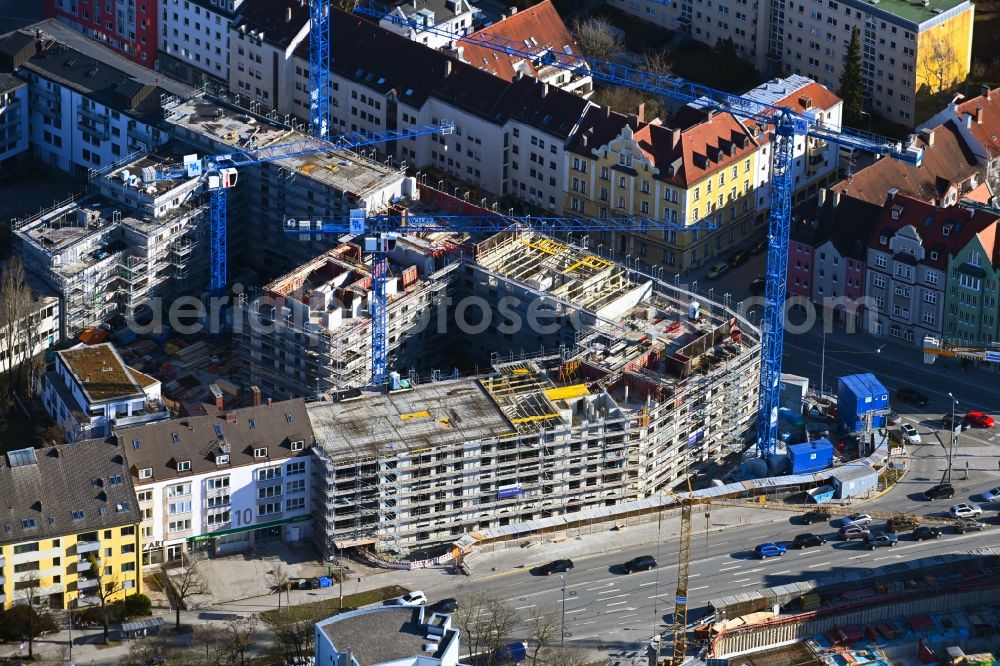 München from the bird's eye view: Construction site for the new residential and commercial Corner house - building PLAZA Pasing on Oberseestrasse corner Bodenseestrasse in the district Pasing-Obermenzing in Munich in the state Bavaria, Germany