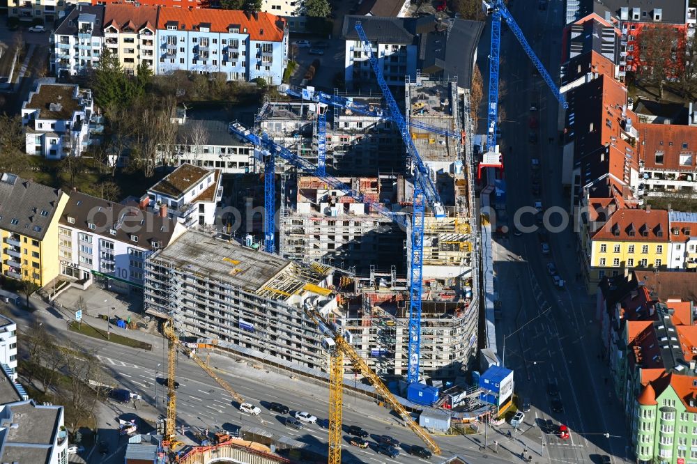 Aerial photograph München - Construction site for the new residential and commercial Corner house - building PLAZA Pasing on Oberseestrasse corner Bodenseestrasse in the district Pasing-Obermenzing in Munich in the state Bavaria, Germany