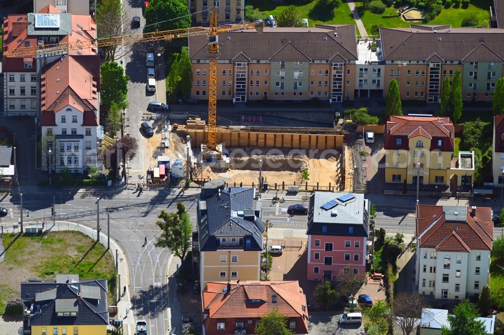 Dresden from the bird's eye view: Construction site for the new residential and commercial Corner house - building Schandauer Strasse corner Ludwig-Hartmann-Strasse in the district Blasewitz in Dresden in the state Saxony, Germany