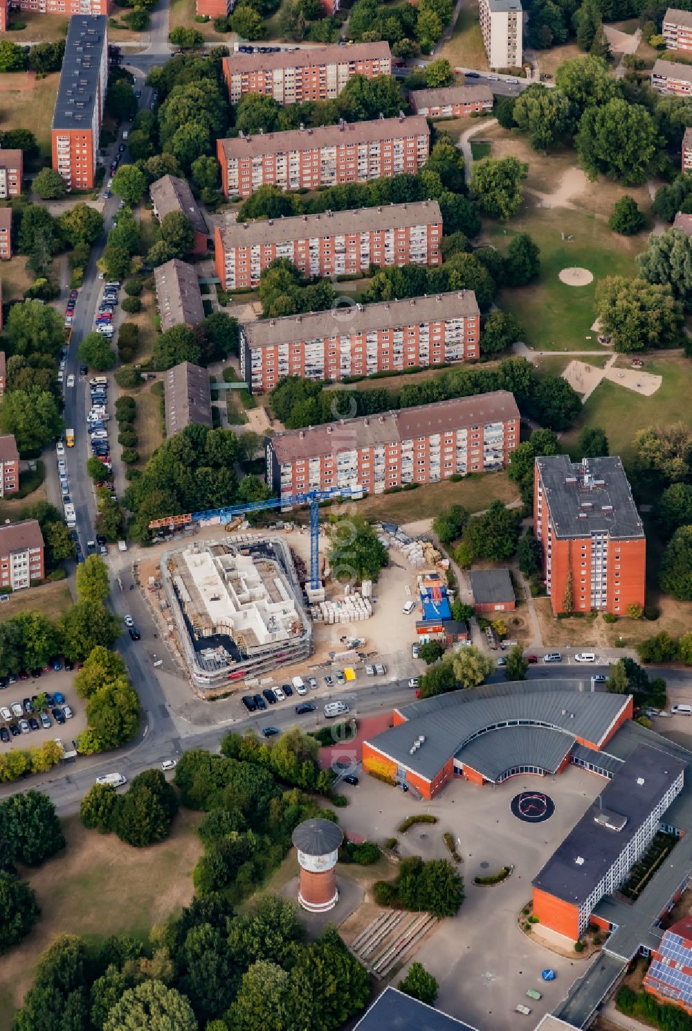 Kiel from the bird's eye view: Construction site for the new residential and commercial Corner house - building in Schoenkirchen on street Insterburger Strasse, Ecke Masurenring in Kiel in the state Schleswig-Holstein, Germany