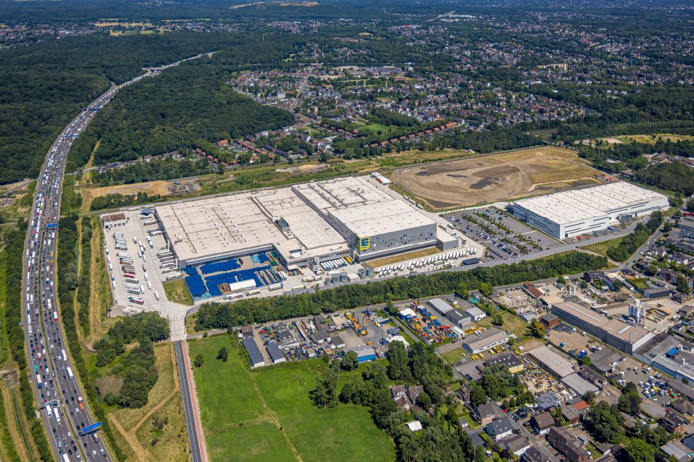 Oberhausen from above - Warehouses and forwarding building of the Edeka logistics center in the Weierheide industrial park in Oberhausen in the Ruhr area in the state of North Rhine-Westphalia, Germany