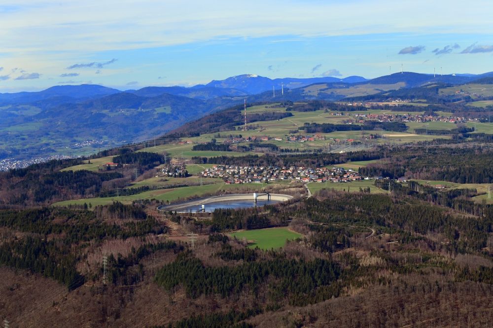 Rickenbach from above - High storage reservoir Eggbergbecken in the district Egg of the village Rickenbach in the state Baden-Wurttemberg, Germany. Situated on the high plateau of the Hotzenwald in the Black Forest