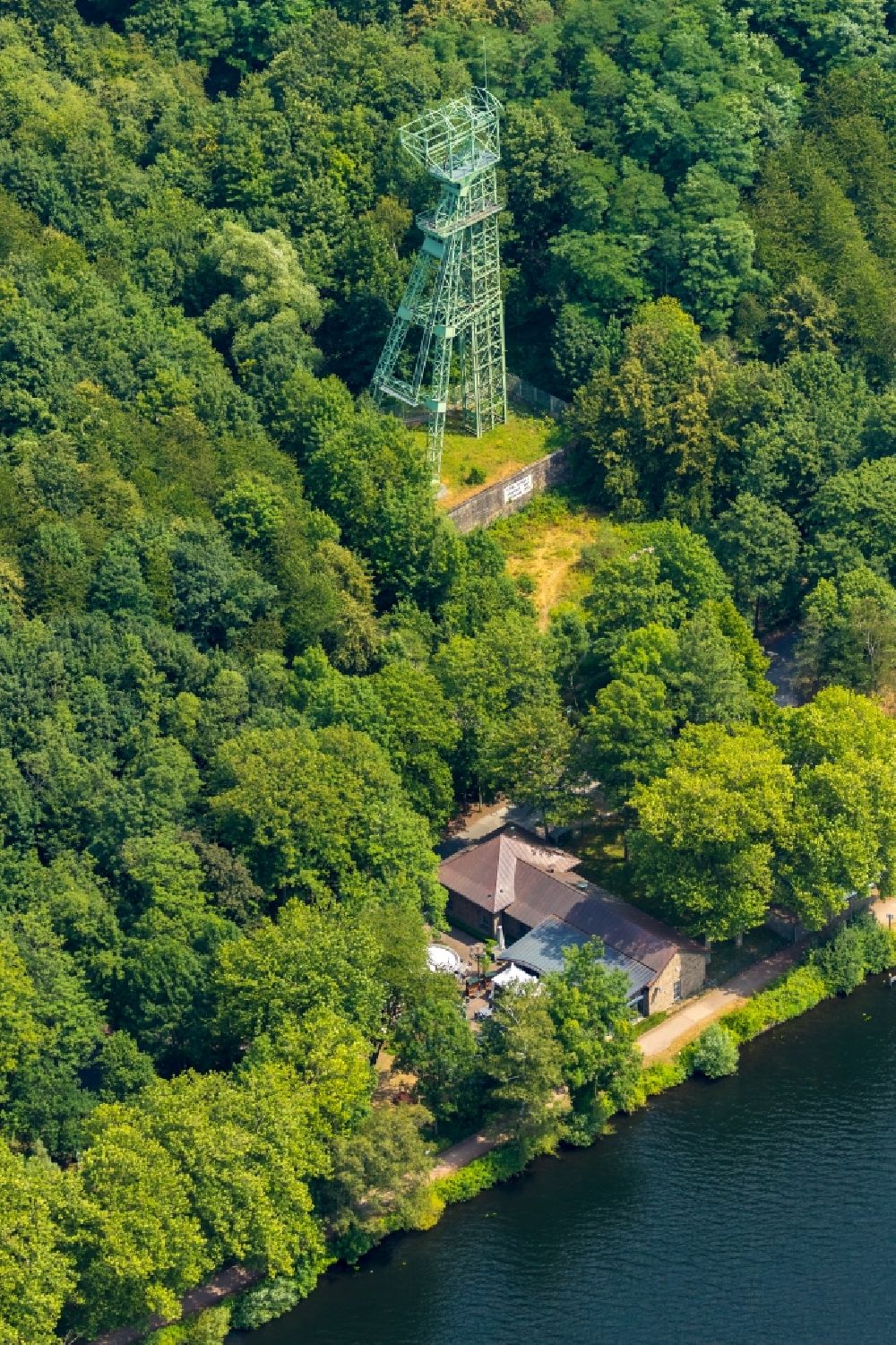 Essen from above - Former winding tower of the Zeche Carl Funke in the district Heisingen in Essen in the state of North Rhine-Westphalia, Germany