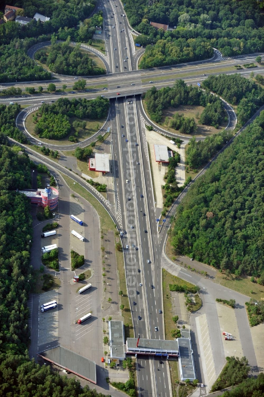 Berlin from the bird's eye view: Former Checkpoint Bravo was located on the motorway A 115 ( known within Berlin as the AVUS ) in the district Nikolassee of Berlin-Zehlendorf