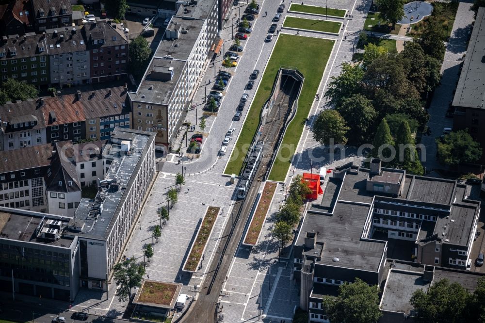 Gelsenkirchen from the bird's eye view: Entrance and exit of the tunnel structure on Ebertstrasse in the district Altstadt in Gelsenkirchen at Ruhrgebiet in the state North Rhine-Westphalia, Germany