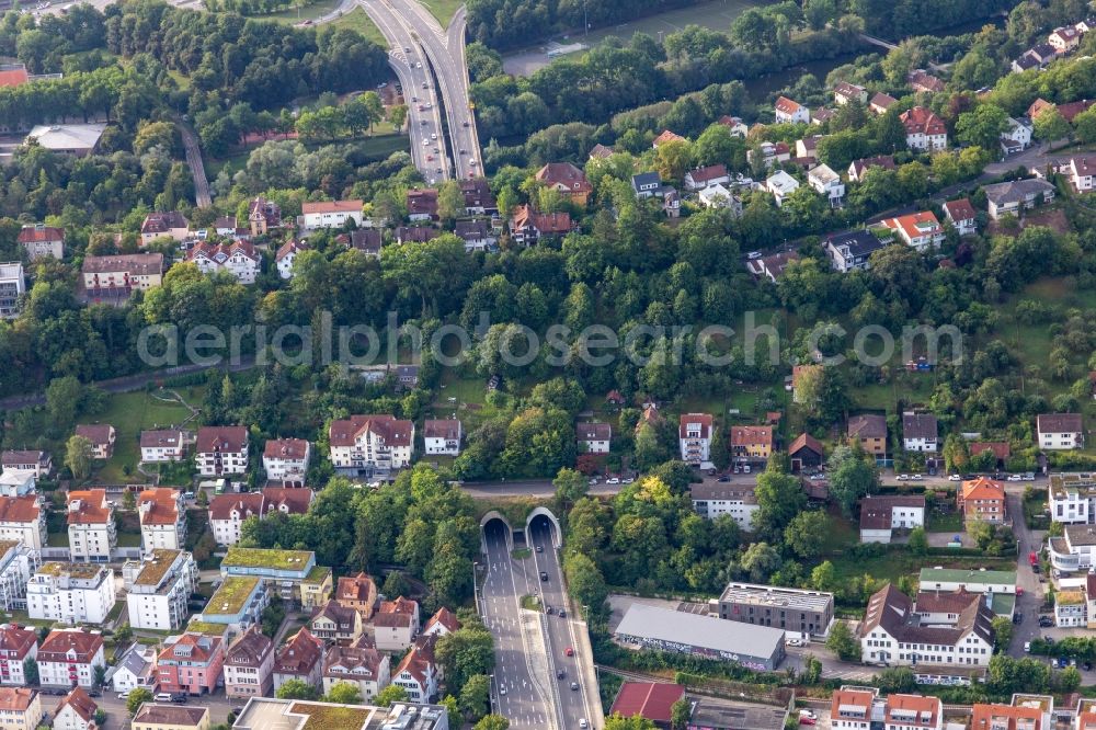 Tübingen from above - Entrance and exit of the tunnel structure durch den Schlossberg in Tuebingen in the state Baden-Wuerttemberg, Germany