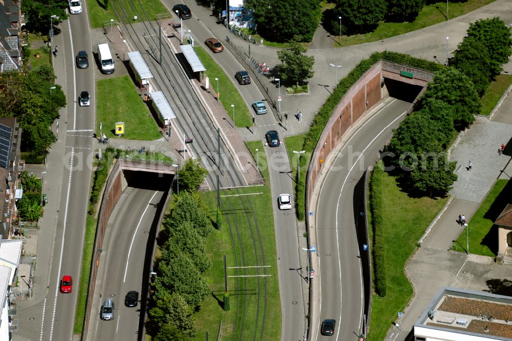 Aerial photograph Freiburg im Breisgau - Entrance and exit of the tunnel structure Schuetzenallee-Tunnel in the district Wiehre in Freiburg im Breisgau in the state Baden-Wuerttemberg, Germany