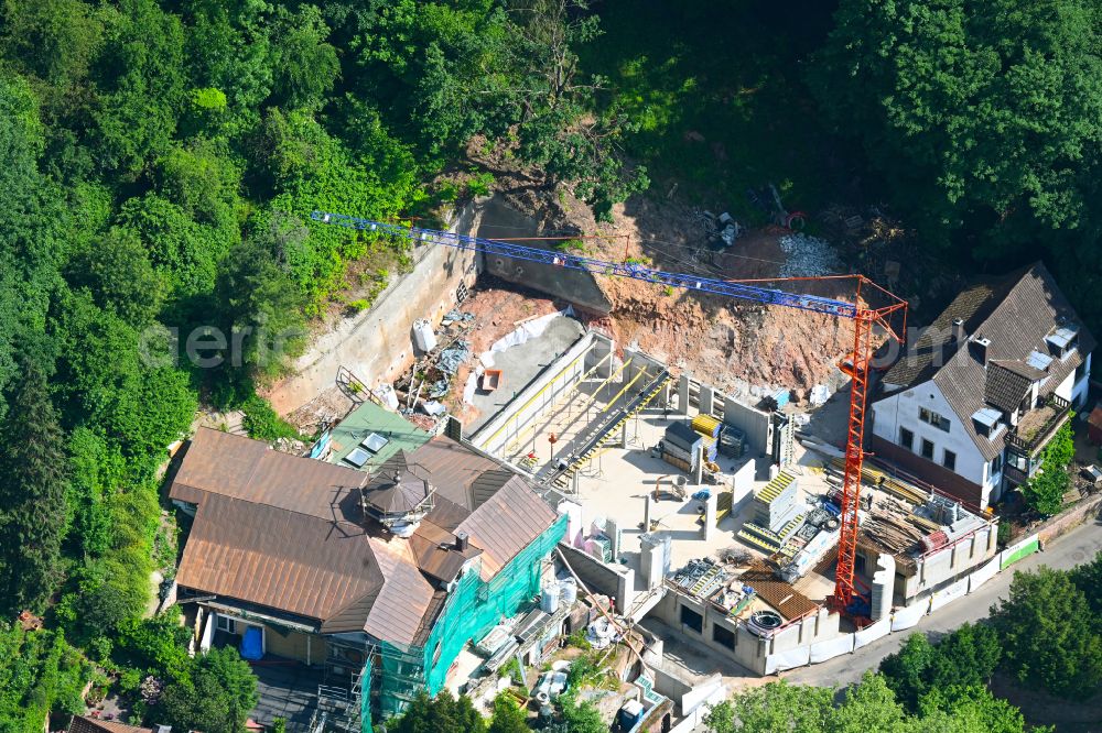 Heidelberg from above - Construction site for the new construction of a detached house in a family house - settlement along the on street Schloss-Wolfsbrunnenweg in Heidelberg in the state Baden-Wuerttemberg, Germany