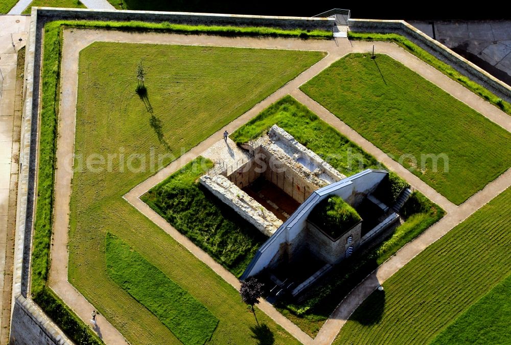 Aerial image Erfurt - The entrance to the former War powder magazine on the Petersberg Citadel in Erfurt in Thuringia is located on the distinctive floor plan of the bastion Franz