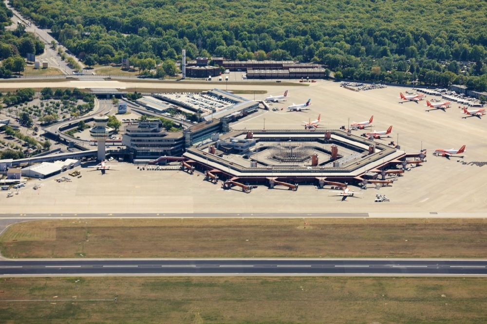 Berlin from above - Flight operations at the terminal of the airport Berlin - Tegel