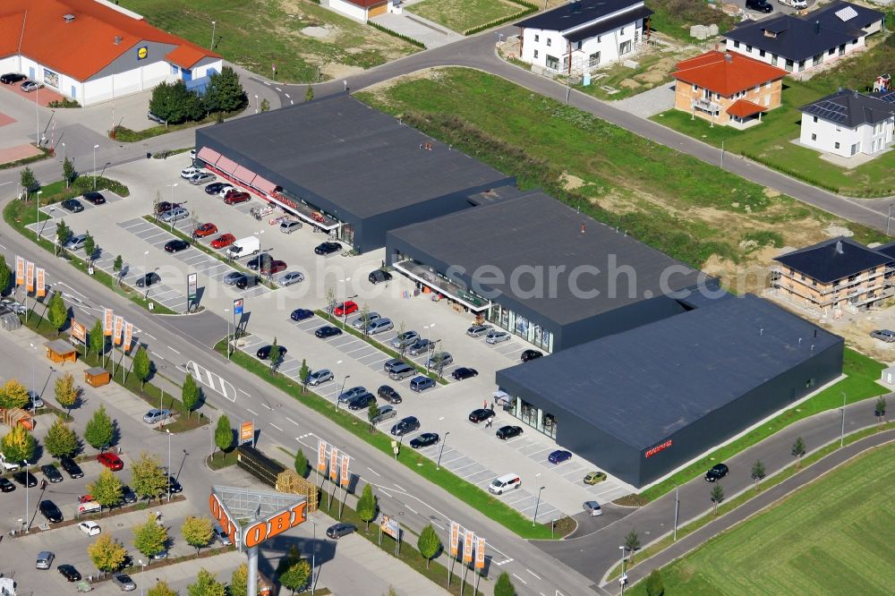 Aerial photograph Pocking - Building of dealer shops in a shopping area in Pocking in the state Bavaria, Germany