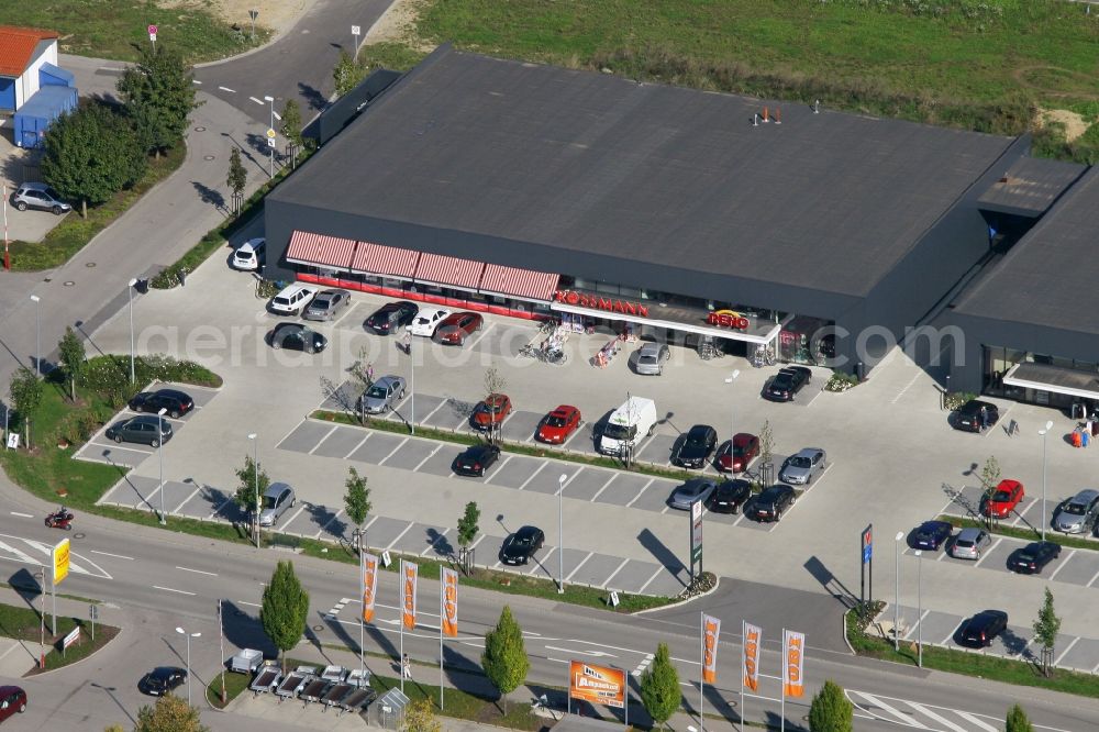 Pocking from the bird's eye view: Building of dealer shops in a shopping area in Pocking in the state Bavaria, Germany