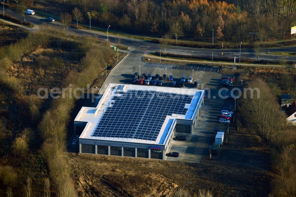 Bernau from above - Building of the shopping center ALDI on Schoenower Chaussee in the district Schoenow in Bernau in the state Brandenburg, Germany