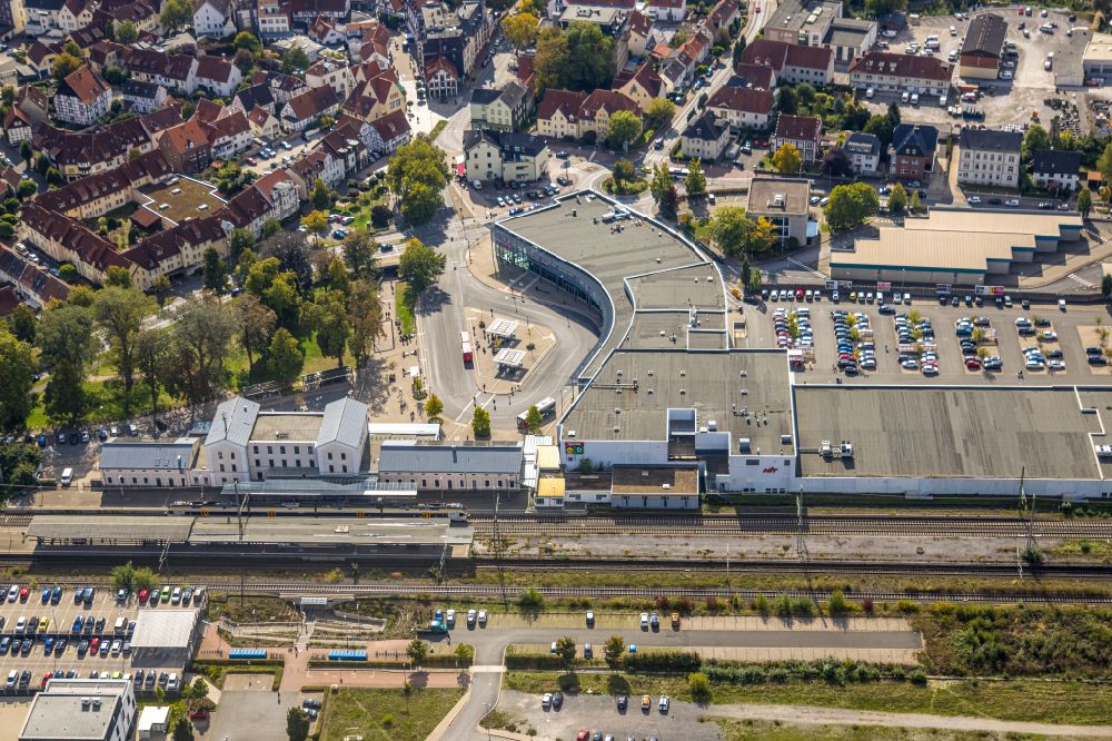 Soest from above - Building of the shopping center City Center Soest at the train station in Soest in the state North Rhine-Westphalia, Germany