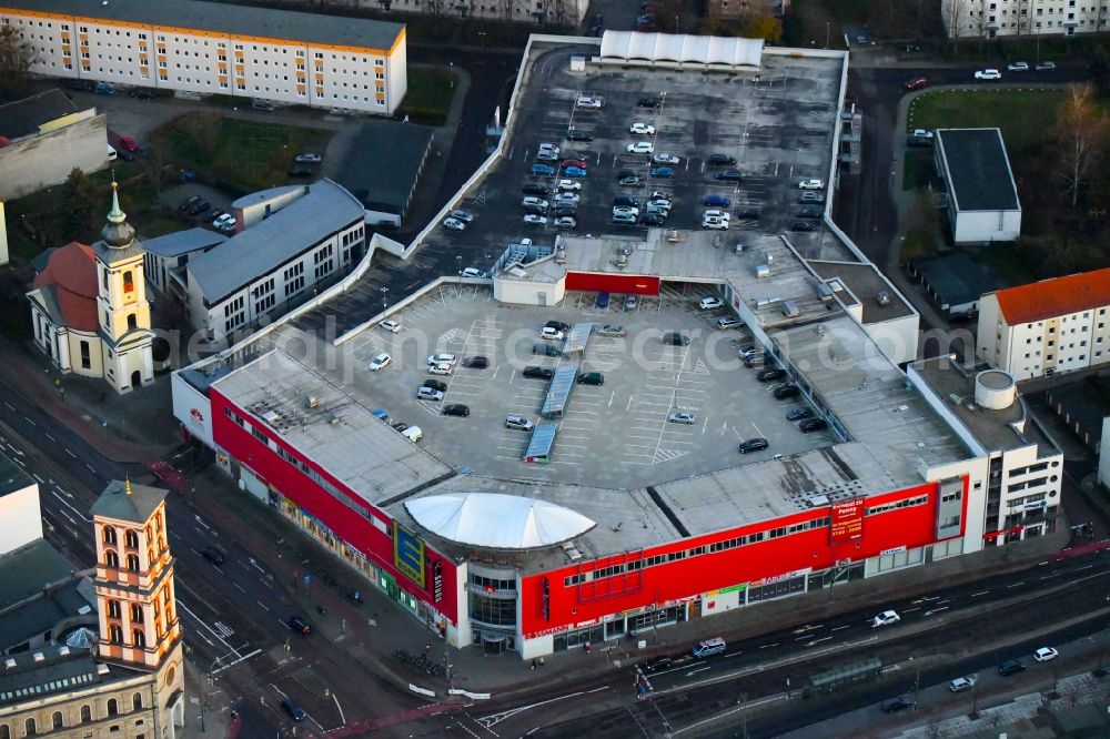 Dessau from above - Building of the shopping center Dessau-Center on Franzstrasse in Dessau in the state Saxony-Anhalt, Germany
