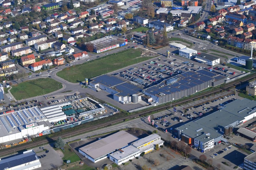 Aerial image Bad Säckingen - Building of the shopping center and industrial Area Brennet Park in Bad Saeckingen in the state Baden-Wurttemberg, Germany
