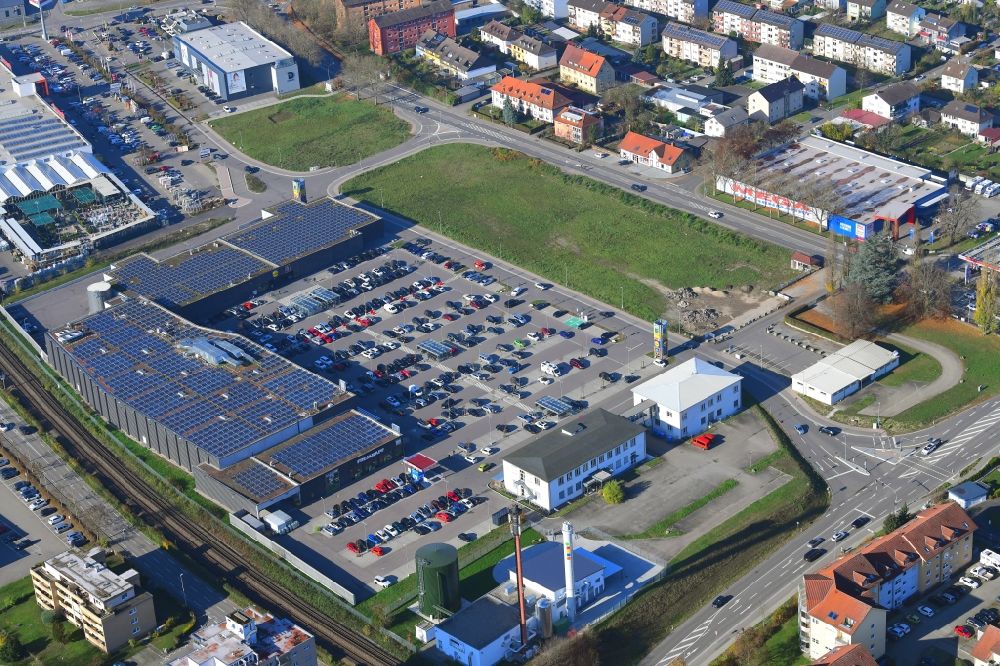 Aerial photograph Bad Säckingen - Building of the shopping center and industrial Area Brennet Park in Bad Saeckingen in the state Baden-Wurttemberg, Germany