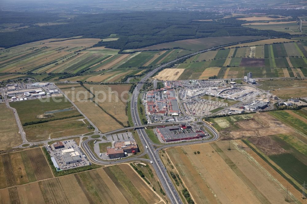 Parndorf from the bird's eye view: Building of the shopping center Parndorf Fashion Outlet in Parndorf in Burgenland, Austria