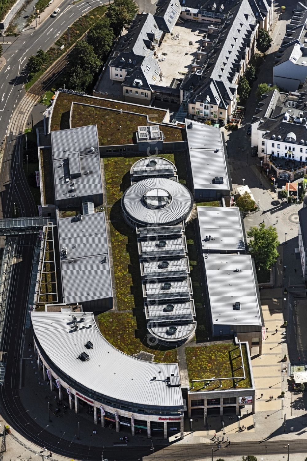 Aerial photograph Plauen - Building of the shopping center in Plauen in the state Saxony, Germany