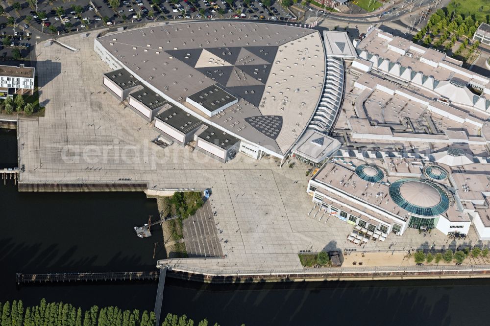 Bremen from above - Building of the shopping center Waterfront on the river bank of Weser in the district Lindenhof in Bremen, Germany