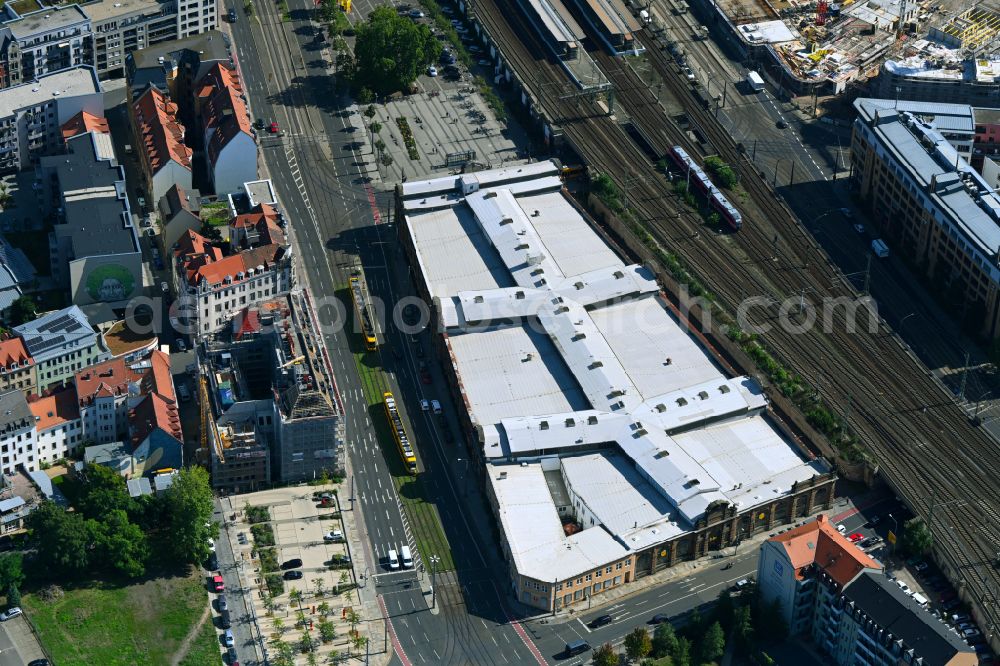 Dresden from the bird's eye view: Building of the shopping center of old market Markthalle on street Schweriner Strasse in the district Friedrichstadt in Dresden in the state Saxony, Germany