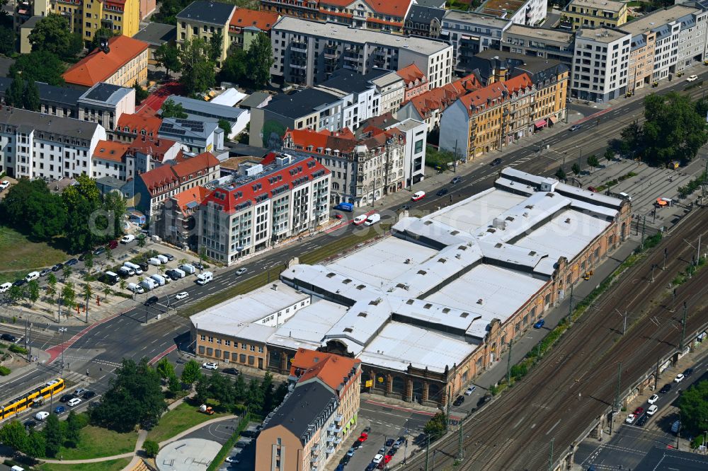 Dresden from above - Building of the shopping center of old market Markthalle on street Schweriner Strasse in the district Friedrichstadt in Dresden in the state Saxony, Germany