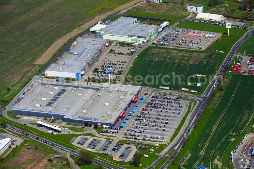 Aerial image Lagow - Building of the shopping center Carrefour on Jeleniogorska in Lagow in Dolnoslaskie - Niederschlesien, Poland