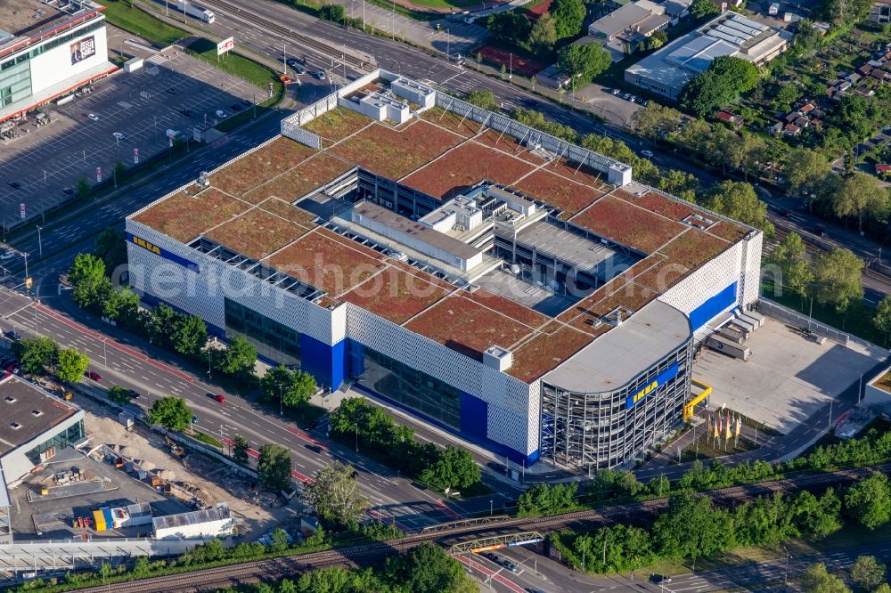 Aerial image Karlsruhe - Building store - furniture market of IKEA Deutschland GmbH & Co. KG on Gerwigstrasse - Weinweg - Durlacher Allee in Karlsruhe in the state Baden-Wurttemberg, Germany
