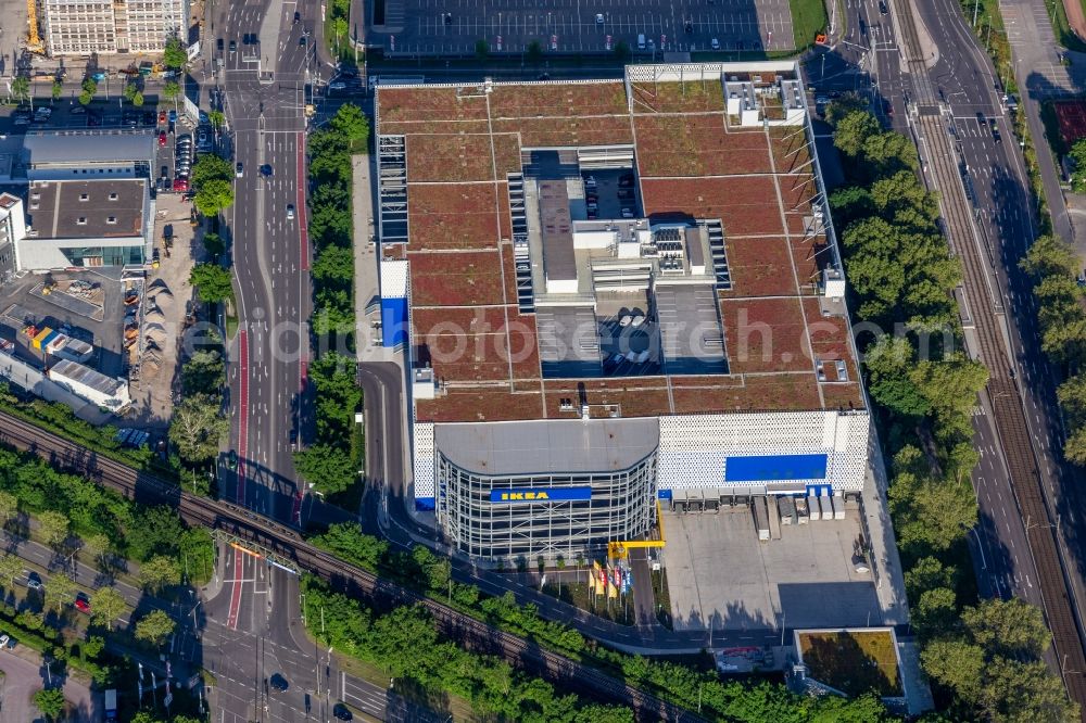 Aerial photograph Karlsruhe - Building store - furniture market of IKEA Deutschland GmbH & Co. KG on Gerwigstrasse - Weinweg - Durlacher Allee in Karlsruhe in the state Baden-Wurttemberg, Germany