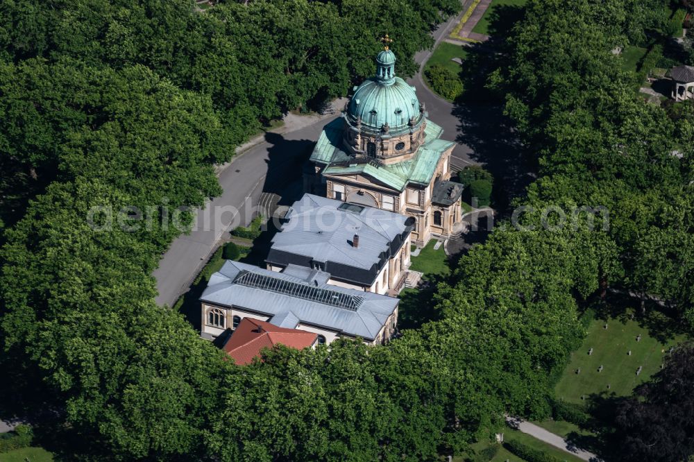 Aerial image Freiburg im Breisgau - Crematory and funeral hall for burial in the grounds of the cemetery on street Friedhofstrasse in the district Stuehlinger in Freiburg im Breisgau in the state Baden-Wuerttemberg, Germany