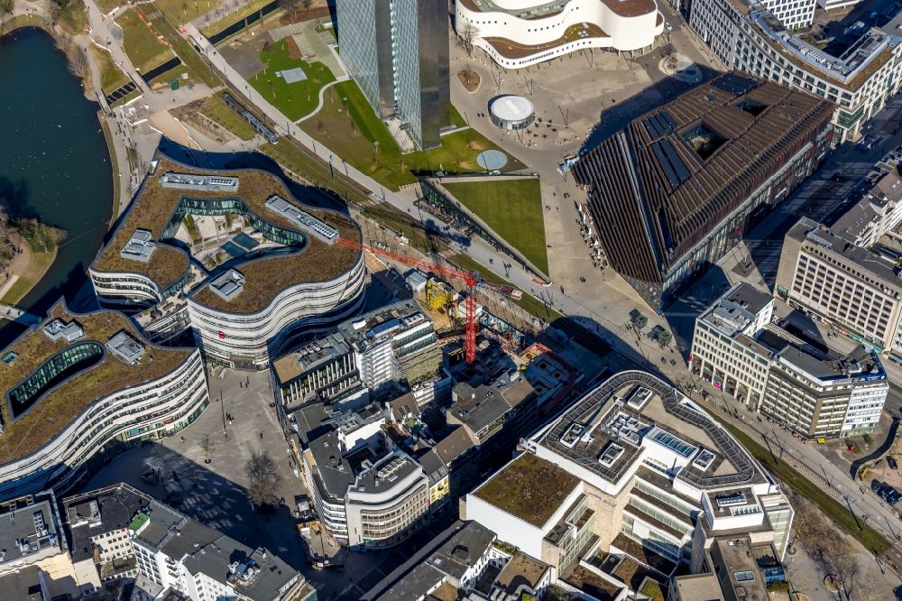 Aerial image Düsseldorf - Construction of retail and office property Koe-Bogen in Dusseldorf in North Rhine-Westphalia