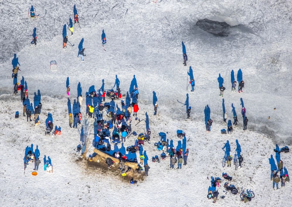 Düsseldorf from the bird's eye view: Walkers and passers-by walk on the ice sheet of the frozen bank areas in the course of the river of the Rhine river in the district Niederkassel in Duesseldorf in the state North Rhine-Westphalia, Germany