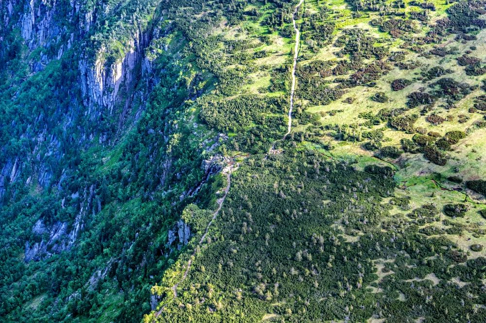 Aerial photograph Spindlermuhle - Elb waterfalls in Spindleruv Mlyn in the Giant Mountains in Kralovehradecky kraj, Czech Republic