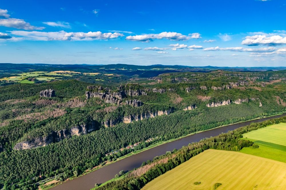 Aerial photograph Bad Schandau - Elbe Sandstone Mountains in Bad Schandau with the course of the Elbe in the state Saxony, Germany