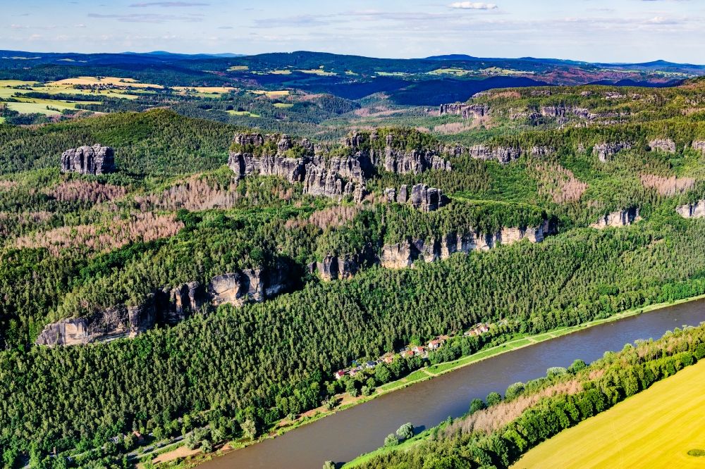 Bad Schandau from above - Elbe Sandstone Mountains in Bad Schandau with the course of the Elbe in the state Saxony, Germany