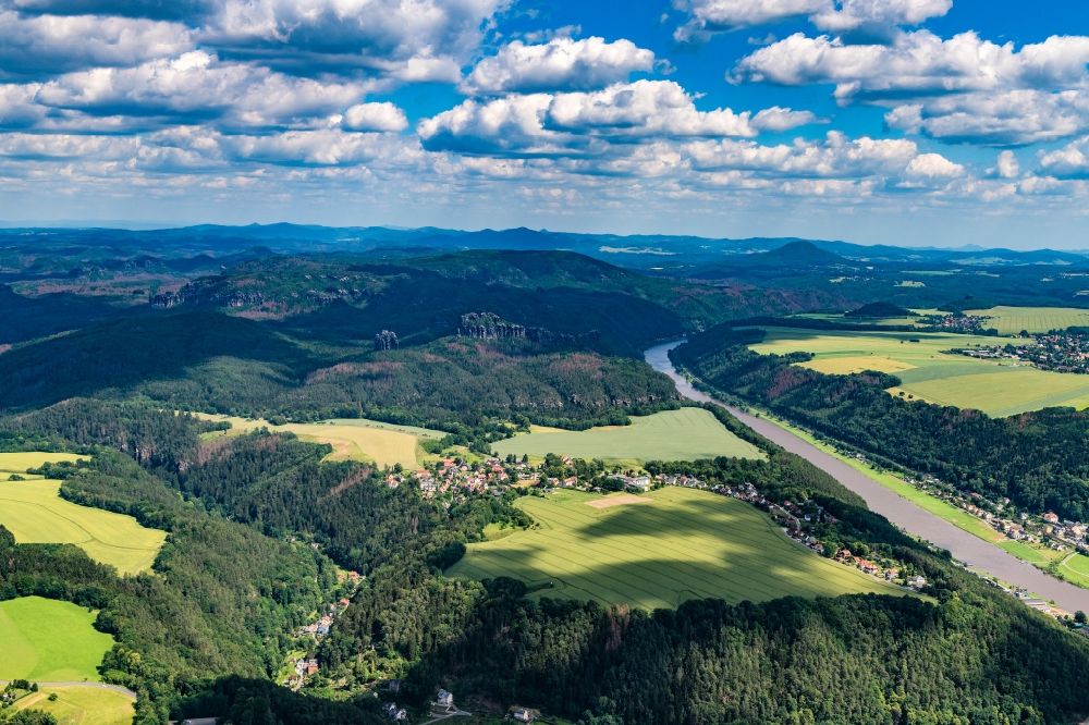 Aerial image Bad Schandau - Elbe Sandstone Mountains in Bad Schandau with the course of the Elbe in the state Saxony, Germany