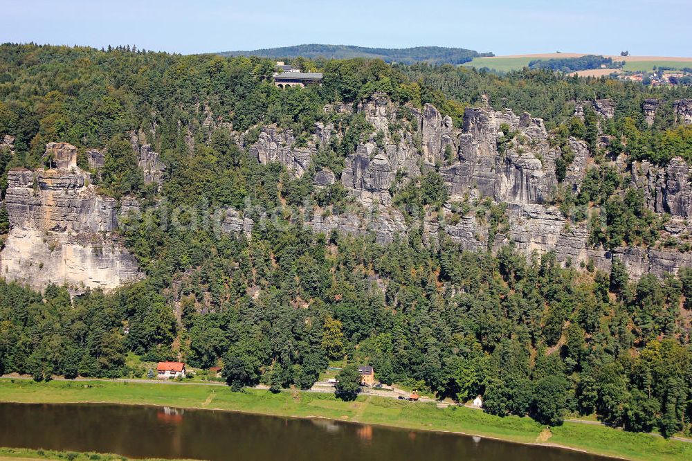 Aerial image Lohmen - Elbsandsteingebirge im Nationalpark Sächsische Schweiz an der Elbe mit dem Berghotel Bastei mit Panoramarestaurant. Elbe Sandstone Mountains in the Saxon Switzerland National Park at the river Elbe and the Alpine hotel Bastei.