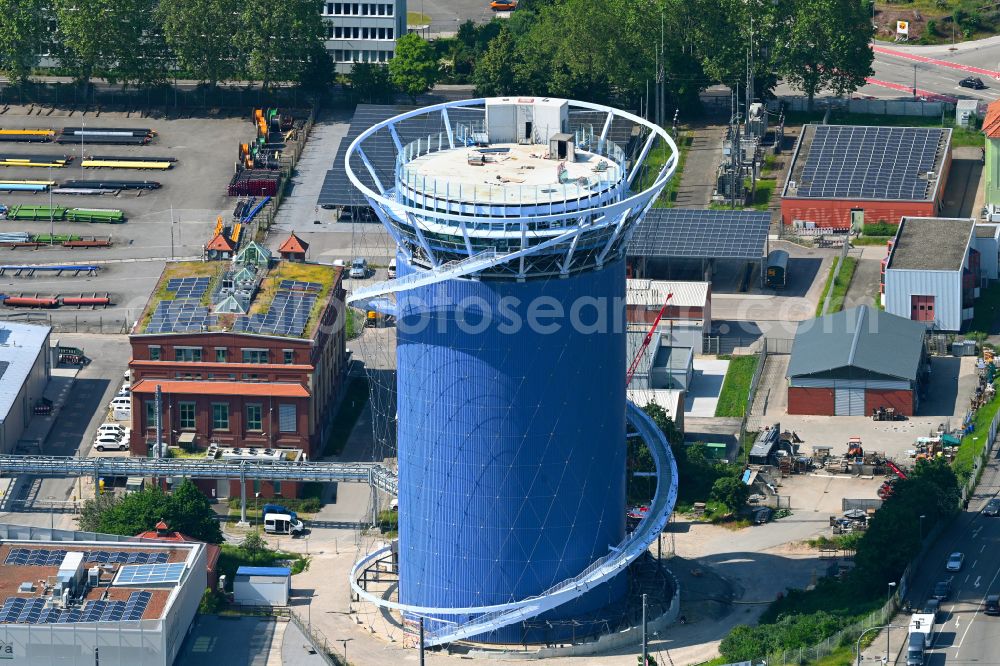 Aerial image Heidelberg - High tank structure of the energy and heat storage BLU facility Energie- and Zukunftsspeicher on street Eppelheimer Strasse in Heidelberg in the state Baden-Wuerttemberg, Germany