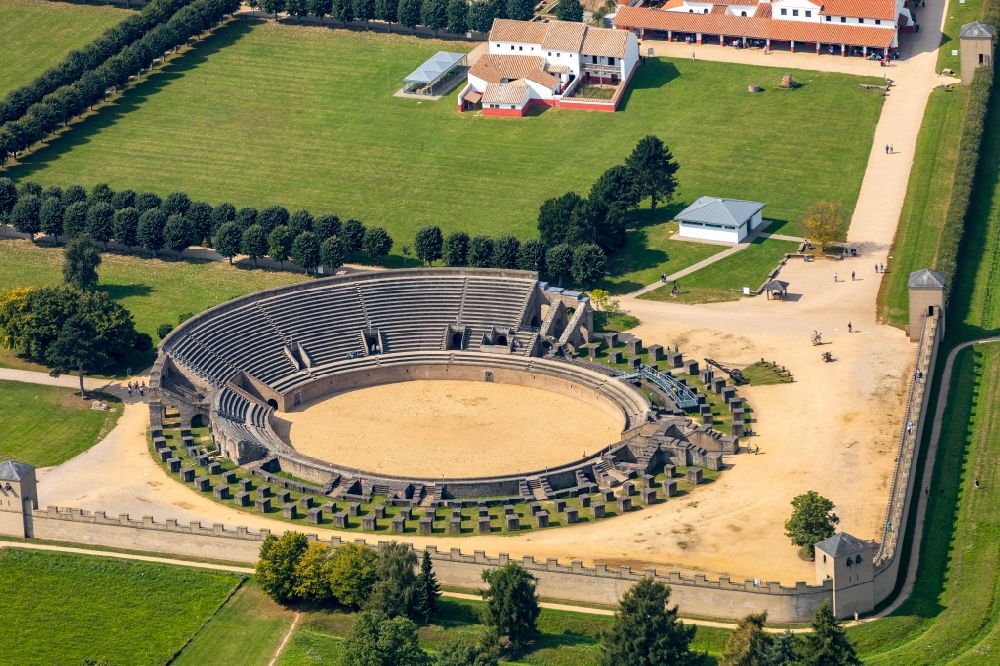 Aerial photograph Xanten - Historical attraction of the ensemble of the amphitheater in Archaeologischer Park in Xanten in the state North Rhine-Westphalia, Germany