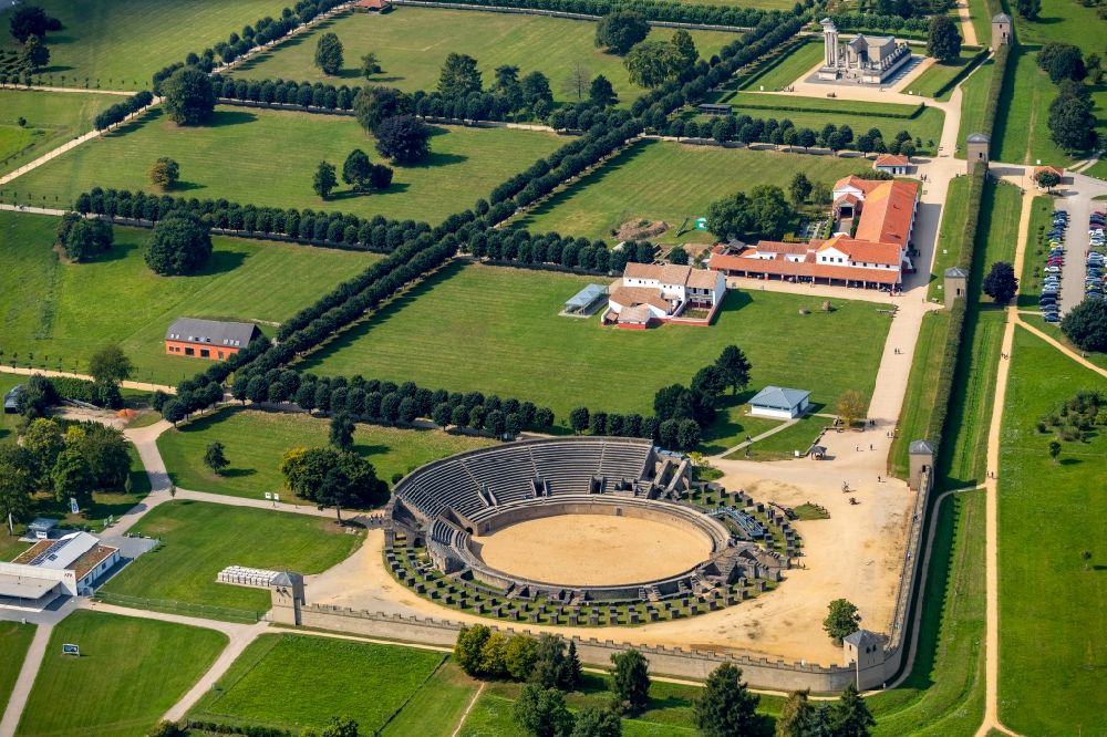 Xanten from above - Historical attraction of the ensemble of the amphitheater in Archaeologischer Park in Xanten in the state North Rhine-Westphalia, Germany