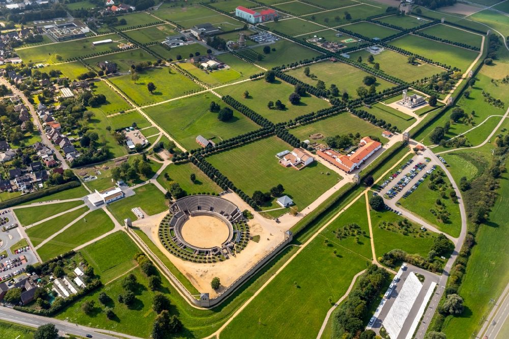 Xanten from the bird's eye view: Historical attraction of the ensemble of the amphitheater in Archaeologischer Park in Xanten in the state North Rhine-Westphalia, Germany