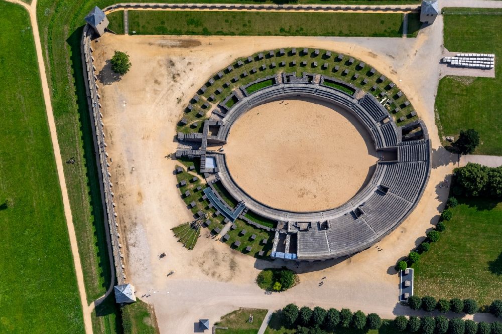Xanten from above - Historical attraction of the ensemble of the amphitheater in Archaeologischer Park in Xanten in the state North Rhine-Westphalia, Germany