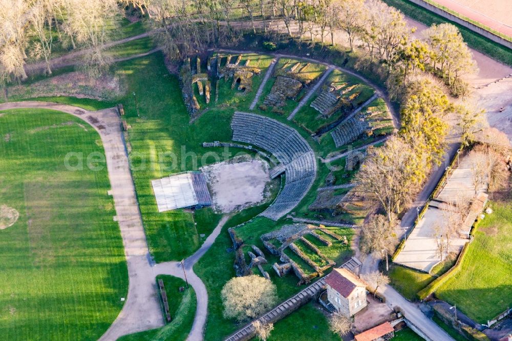 Aerial image Autun - Historical attraction of the ensemble of the Roman amphitheater in Autun in Bourgogne-Franche-Comte, France