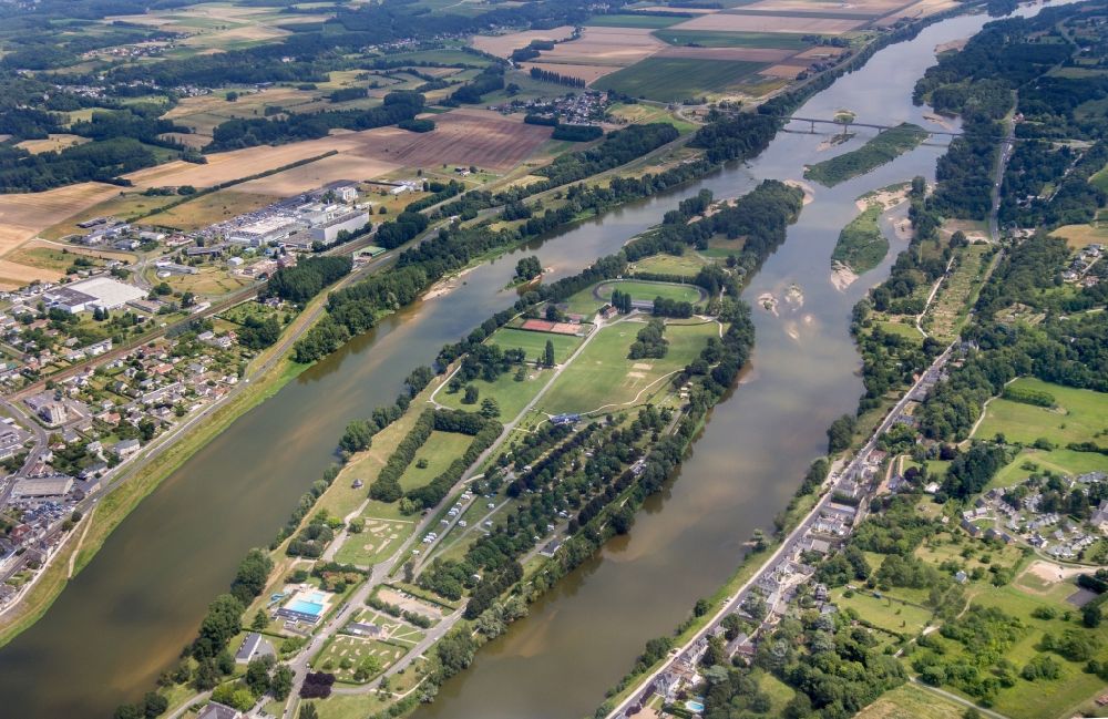 Amboise from above - Ensemble of sports grounds Ile D'Or in Amboise in Centre-Val de Loire, France