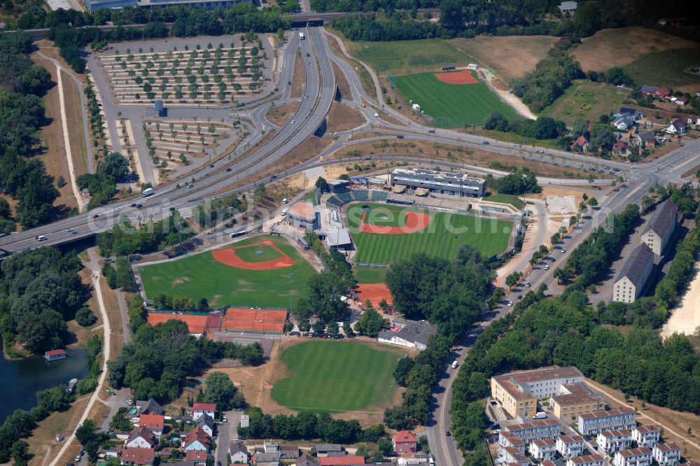 Regensburg from the bird's eye view: Ensemble of the sports field facilities Armin Wolf baseball arena on street Donaustaufer Strasse in Regensburg in the federal state of Bavaria, Germany