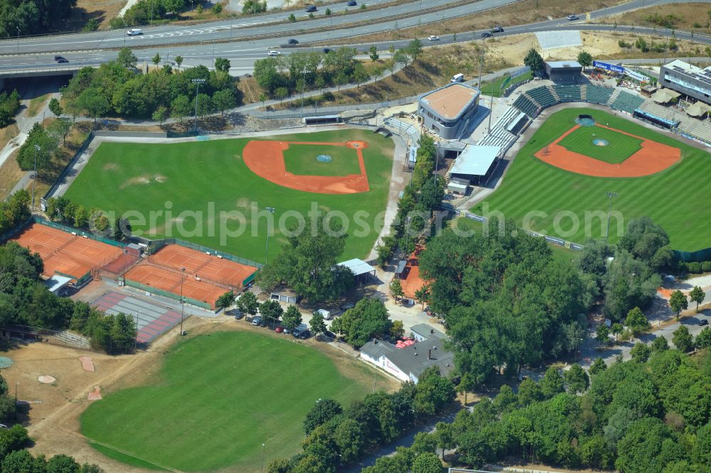 Regensburg from above - Ensemble of the sports field facilities Armin Wolf baseball arena on street Donaustaufer Strasse in Regensburg in the federal state of Bavaria, Germany