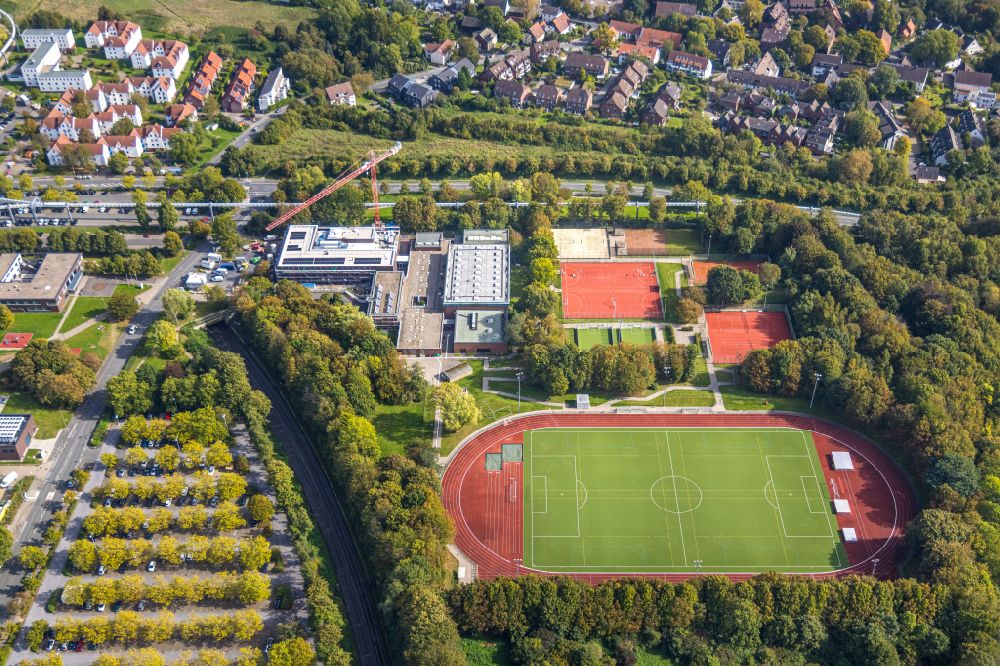Dortmund from the bird's eye view: Ensemble of sports grounds Campus Nord on street Otto-Hahn-Strasse in the district Barop in Dortmund at Ruhrgebiet in the state North Rhine-Westphalia, Germany