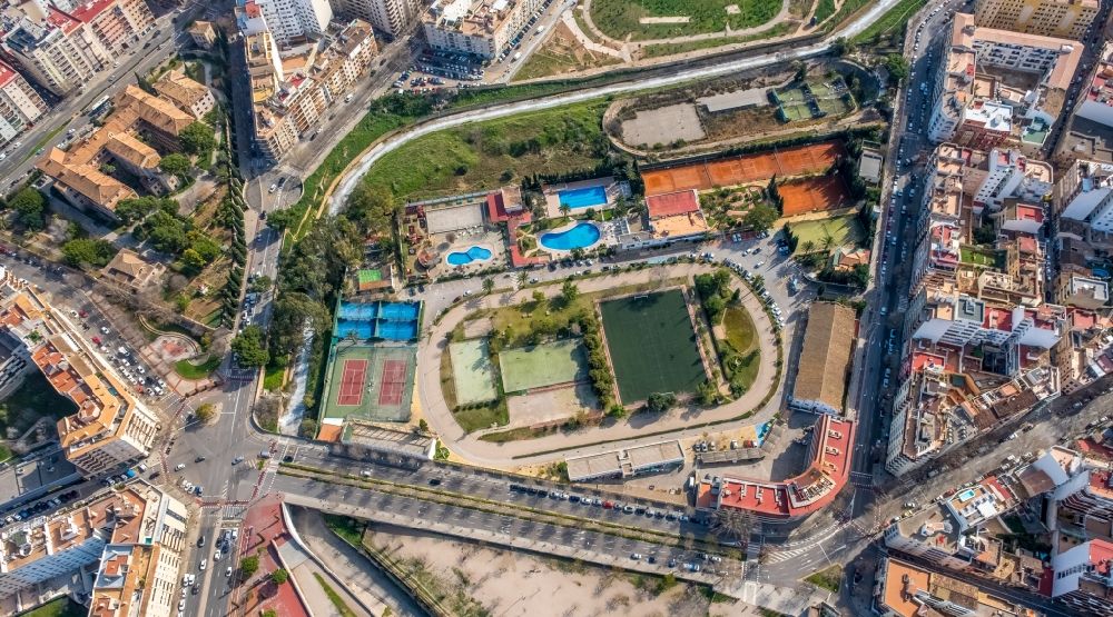 Palma from above - Ensemble of sports facilities on Carrer d'Andreu Torrens in the El FortA? district of Palma in the Balearic island of Mallorca, Spain