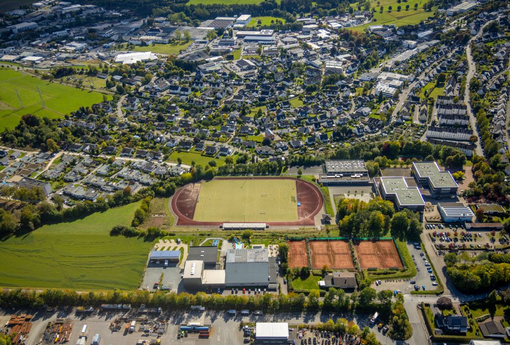 Schmallenberg from above - Ensemble of sports grounds on Christine-Koch-Schule along the Obringhauser Strasse in Schmallenberg in the state North Rhine-Westphalia, Germany