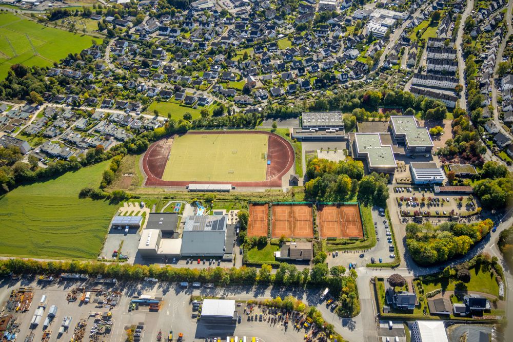 Schmallenberg from above - Ensemble of sports grounds on Christine-Koch-Schule along the Obringhauser Strasse in Schmallenberg in the state North Rhine-Westphalia, Germany